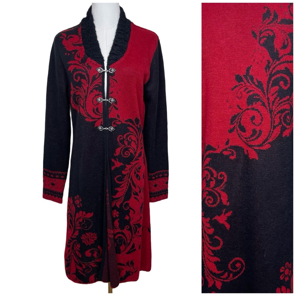 NorthStyle‎ Alpaca Longline Cardigan S Red Black Floral Scroll Clasp Romantic